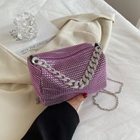 Women's Small Pu Leather Solid Color Fashion Rhinestone Chain Square Zipper Crossbody Bag sku image 1