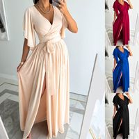 Femmes Robe Régulière Décontractée Col En V Fente Manche Courte Couleur Unie Maxi Longue Robe Du Quotidien main image 1