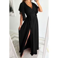 Femmes Robe Régulière Décontractée Col En V Fente Manche Courte Couleur Unie Maxi Longue Robe Du Quotidien main image 3