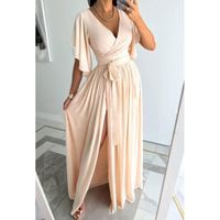 Femmes Robe Régulière Décontractée Col En V Fente Manche Courte Couleur Unie Maxi Longue Robe Du Quotidien main image 5