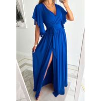 Women's Regular Dress Casual V Neck Slit Short Sleeve Solid Color Maxi Long Dress Daily main image 2