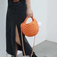 Women's Large Woven Fabric Solid Color Cute Weave Square Zipper Straw Bag main image 3
