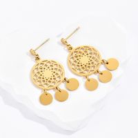 1 Pair Ethnic Style Round Tassel Hollow Out 304 Stainless Steel 14K Gold Plated Earrings main image 3