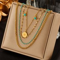 Retro Round Titanium Steel Beaded Gold Plated Inlay Turquoise Layered Necklaces 1 Piece sku image 1