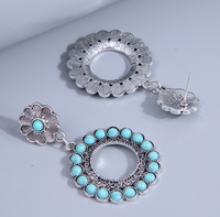 Retro Round Alloy Splicing Hollow Out Turquoise Drop Earrings 1 Pair main image 2