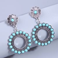 Retro Round Alloy Splicing Hollow Out Turquoise Drop Earrings 1 Pair sku image 1