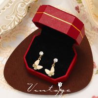Vintage Simple Shiny Pendant  Butterfly Copper Inlaid Rhinestone Stud Earrings sku image 1