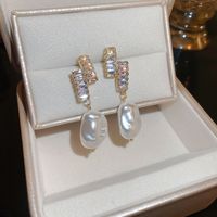 1 Pair Simple Style Pearl Copper Inlay Zircon Drop Earrings sku image 1