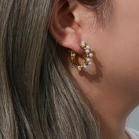 Elegant C Shape Inlay Stainless Steel Artificial Pearls Zircon Gold Plated Earrings main image 4
