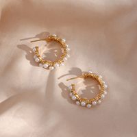 Elegant C Shape Inlay Stainless Steel Artificial Pearls Zircon Gold Plated Earrings main image 3