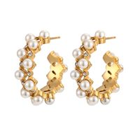 Elegant C Shape Inlay Stainless Steel Artificial Pearls Zircon Gold Plated Earrings main image 2