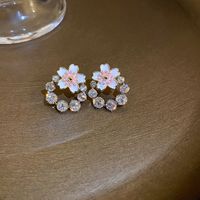 Sweet Flower Copper Ear Studs Enamel Plating Pearl Zircon Copper Earrings sku image 1