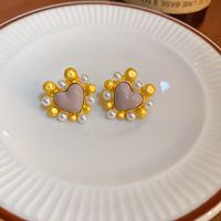 Sweet Heart Shape Artificial Pearl Copper Ear Studs Inlay Resin Copper Earrings main image 1