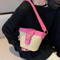Streetwear Solid Color Bucket Zipper Straw Bag main image 5
