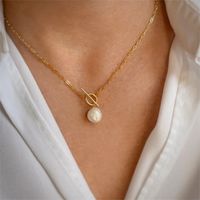 Stainless Steel 14K Gold Plated Fashion Pearl Solid Color Freshwater Pearl Pendant Necklace main image 3