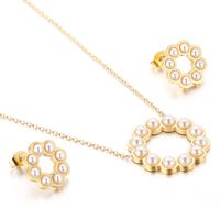 Titanium Steel 18K Gold Plated Sweet Plating Inlay Round Artificial Pearls Earrings Necklace sku image 2