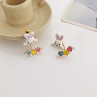 Cartoon Style Rabbit Heart Shape Imitation Pearl Alloy Enamel Earrings sku image 1