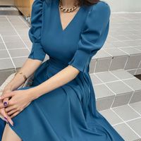 Fashion Solid Color V Neck Half Sleeve Ribbon Polyester Dresses Maxi Long Dress Swing Dress main image 5