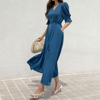 Fashion Solid Color V Neck Half Sleeve Ribbon Polyester Dresses Maxi Long Dress Swing Dress main image 3