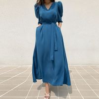 Fashion Solid Color V Neck Half Sleeve Ribbon Polyester Dresses Maxi Long Dress Swing Dress main image 2