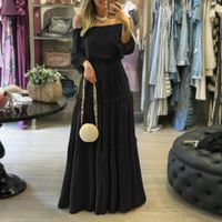 Women's Pleated Skirt Casual Fashion Boat Neck Splicing Ruffles Folds Long Sleeve Solid Color Maxi Long Dress Holiday Daily main image 5