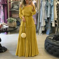 Women's Pleated Skirt Casual Fashion Boat Neck Splicing Ruffles Folds Long Sleeve Solid Color Maxi Long Dress Holiday Daily main image 3