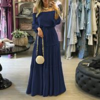 Women's Pleated Skirt Casual Fashion Boat Neck Splicing Ruffles Folds Long Sleeve Solid Color Maxi Long Dress Holiday Daily main image 2