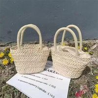 Small Straw Solid Color Vacation Weave Cylindrical Open Straw Bag sku image 2