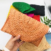 Yellow Red Green Straw Solid Color Weave Square Evening Bags sku image 7