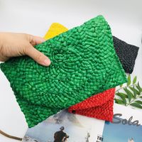 Yellow Red Green Straw Solid Color Weave Square Evening Bags sku image 5