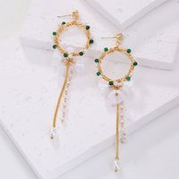 Baroque Style Round Flower Copper Earrings Tassel Artificial Pearls Natural Stone Copper Earrings 1 Pair main image 9