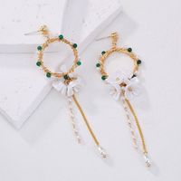 Baroque Style Round Flower Copper Earrings Tassel Artificial Pearls Natural Stone Copper Earrings 1 Pair sku image 1