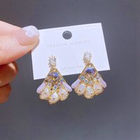 Vintage Style Sector Copper Drop Earrings Inlaid Pearls Crystal Copper Earrings 1 Pair sku image 1