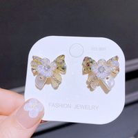 Fashion Flower Bow Knot Copper Ear Studs Inlaid Pearls Crystal Copper Earrings 1 Pair main image 6