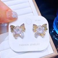 Fashion Flower Bow Knot Copper Ear Studs Inlaid Pearls Crystal Copper Earrings 1 Pair main image 2