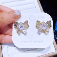 Fashion Flower Bow Knot Copper Ear Studs Inlaid Pearls Crystal Copper Earrings 1 Pair main image 5