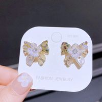 Fashion Flower Bow Knot Copper Ear Studs Inlaid Pearls Crystal Copper Earrings 1 Pair sku image 1