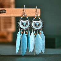 Fashion Fan-shaped Imitation Turquoise Tassel Long Rice Bead Feather Earrings Wholesale sku image 8