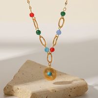 Fashion Round Stainless Steel Pendant Necklace Gold Plated Inlay Turquoise Stainless Steel Necklaces main image 5