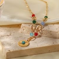 Fashion Round Stainless Steel Pendant Necklace Gold Plated Inlay Turquoise Stainless Steel Necklaces main image 6