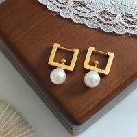 French Style Square Titanium Steel Drop Earrings Inlay Artificial Pearls Stainless Steel Earrings main image 1