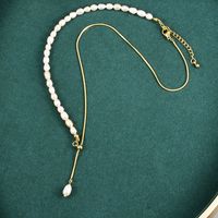 Minimalist Freshwater Pearl Stretch Titanium Steel Necklace Simple Necklace New Clavicle Chain sku image 2