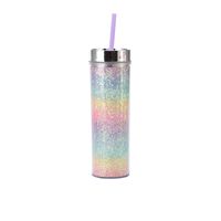 16oz Double-layer Plastic Straw Cup Rainbow Gradient Glitter Straight Cup Universal Cold Drink Cup sku image 12