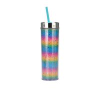 16oz Double-layer Plastic Straw Cup Rainbow Gradient Glitter Straight Cup Universal Cold Drink Cup sku image 18