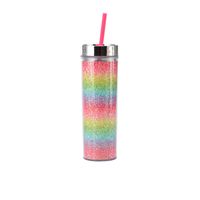 16oz Double-layer Plastic Straw Cup Rainbow Gradient Glitter Straight Cup Universal Cold Drink Cup sku image 11