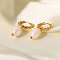 1 Pair French Style Geometric Stainless Steel Twist Ring Freshwater Pearl Gold Plated Hoop Earrings Drop Earrings main image 4
