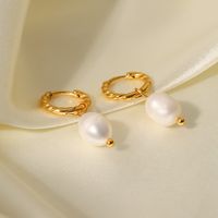 1 Pair French Style Geometric Stainless Steel Twist Ring Freshwater Pearl Gold Plated Hoop Earrings Drop Earrings main image 3