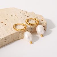 1 Pair French Style Geometric Stainless Steel Twist Ring Freshwater Pearl Gold Plated Hoop Earrings Drop Earrings main image 2