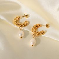 Fashion Geometric Stainless Steel Gold Plated Freshwater Pearl Gold Plated Drop Earrings main image 3