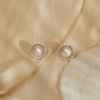 Fashion Round Copper Ear Studs Plating Pearl Zircon Copper Earrings main image 5
